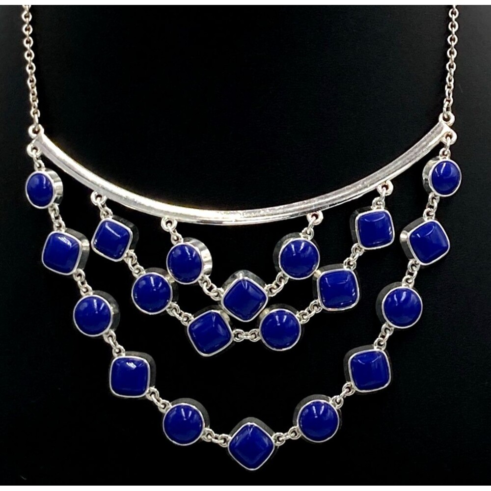 Signed Liz Claiborne Necklace 19" Silver Tone Blue Resin Enamel Bib Statement